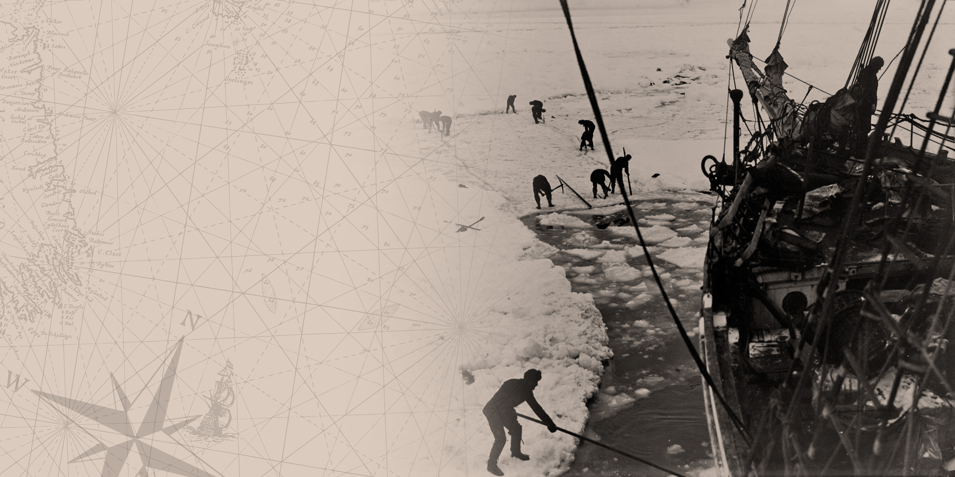 The Endurance in an ice lead with crew members working on the ice.